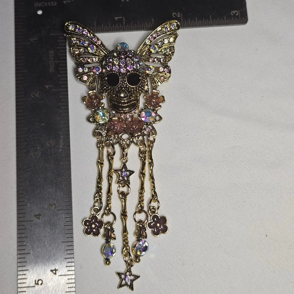 Skull Butterfly Brooch Womens Gold AB Rhinestone Gothic Dangle Pin